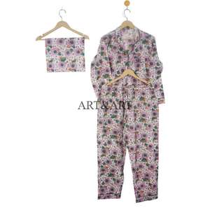 Ensemble de pyjama en coton floral confortable pour femmes, imprimé indien, grande taille, vêtements de nuit thermiques et respirants avec poches - Product Image 5