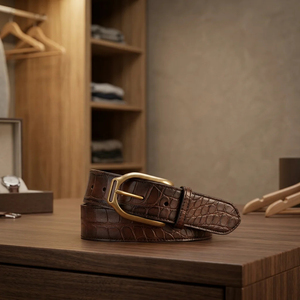 Cinturón de Cuero con Patrón de Cocodrilo Marrón, Hebilla Rectangular Dorada, Estilo Formal, Cinturón Duradero para Hombre - Product Image 3