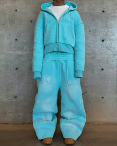 Conjunto de Sudadera con Capucha y Pantalones Acampanados con Efecto Ácido, Estampado Personalizado, Lavado a la Piedra, con Cremallera - Calificación de la tienda: - Product Image 5