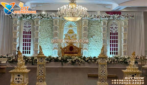 Traditional Tamil Wedding Kalyanam Stage Decor Ornate White & <b>Gold</b> <b>Backdrop</b> Panels Buy Classic Palace-Style Wedding Stage Setup - Product Image 6