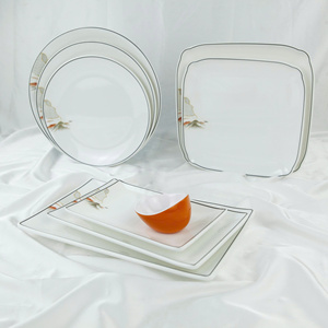2 Square <b>Melamine</b> Durable Eco Friendly Portable Luxury Dinnerware Set 2pc Serving <b>Plate</b> Asian Scenic Design White Black Border - Product Image 6
