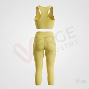 <b>Women</b> Yellow <b>Seamless</b> Yoga Set 2 Piece Racerback Crop Top High Waist Calf Length <b>Leggings</b> - Product Image 2