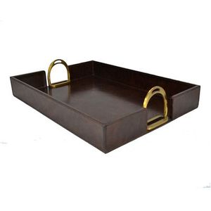 Bandeja decorativa rectangular moderna de cuero blanco con asas para uso en el hogar u oficina. - Product Image 2