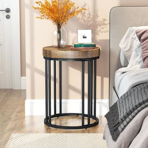Table d'appoint ronde en bois d'acacia massif avec base en cage métallique noire pour salon, chambre, hôtel, meubles de maison - Product Image 4