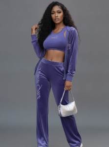 Women's Purple <b>Velvet</b> Knitted 2 Piece Sporty Set Full Length <b>Leggings</b> Crop Top O Neck Hoodie Solid Color All Seasons Wear - Product Image 2