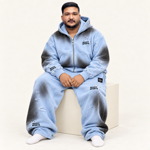 Distressed Unisex Tracksuit Custom <b>Full</b> <b>Zip</b> <b>Hoodie</b> Wide Leg Sweatpants Two Piece Fleece Set with Printed Graphic Work - Product Image 3