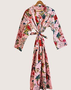 Bata Larga Estampada Floral para Mujer, Manga Tres Cuartos, Cuello Mandarín, Suave, Informal, para Primavera, Mezcla de Viscosa y Poliéster - Product Image 3