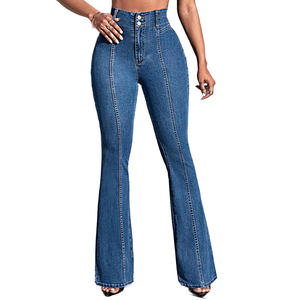 YUANBOFEI Nouvelle Collection Jean Femme Bleu Denim Coupe Droite Taille Mi-Haute Extensible avec Empiècements Avant et Arrière 100% Coton Respirant - Product Image 1