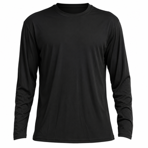 T-shirt à manches longues pour homme, col rond, coupe classique, décontracté, noir uni, tricoté, séchage rapide, 100% polyester - Product Image 1