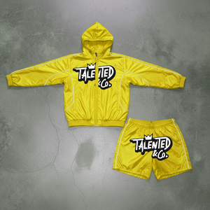 OEM Custom <b>Reflective</b> Hooded Solid Spring Two-Piece Short Sweatsuit Spandex/Polyester Windbreaker <b>Jacket</b> & Short Set Unisex - Product Image 1