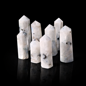 Tour de cristal de pierre de lune arc-en-ciel naturelle, sculptée à plat, avec éclat bleu, pour la méditation Reiki, l'énergie, la décoration intérieure et la baguette de guérison - Product Image 3