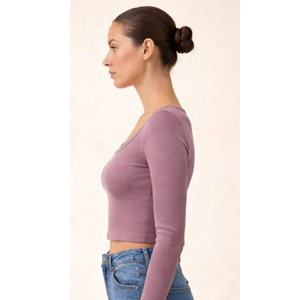 Haut décontracté uni extensible et doux pour femme, longueur standard, à manches longues, col rond, tissé, pour un usage quotidien, à porter en superposition avec des vestes, Inde - Product Image 2