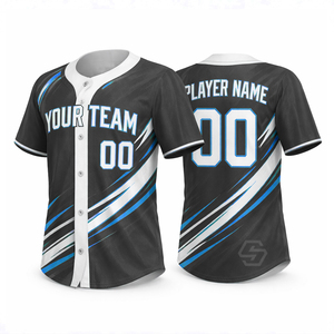 Maillot de baseball personnalisé sublimé 100% polyester noir bleu blanc rayé à manches courtes avec boutons sur le devant, vêtements de sport respirants - Product Image 1
