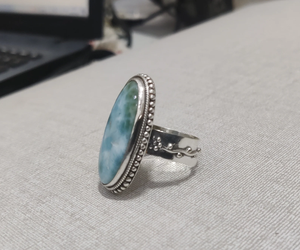 Anillo de Larimar de República Dominicana, Gema de Larimar Natural, Anillo de Plata de Ley Hecho a Mano, Joyería Azul Océano, Regalo para Ella - Product Image 3