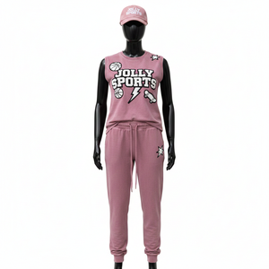 Ensemble jogging sans manches pour femme, t-shirt en coton polaire respirant et doux, 240 GSM, rose, logo personnalisé, ensembles pour femmes - Product Image 1