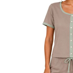 Taupe And Mint Women Two Piece Shorts Set Round Neck Button <b>Top</b> Geometric Print Casual Summer Cotton Lounge Wear Outfit Custom - Product Image 3