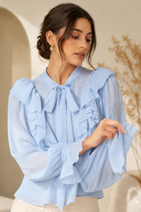 Blusa Casual de Mujer de Otoño, Estilo Vintage, Tejida, Transpirable, Teñida, 100% Poliéster, Sólida, 2 Colores, con Volantes Delanteros, Manga Larga y Cuello con Lazo - Product Image 5