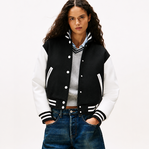Chaqueta Universitaria de Cuero PU Negra y Blanca, con Logotipo RB Bordado e Impreso, Cuello Camisero, Cierre de Botones, Estilo Preppy, Unisex - Product Image 4