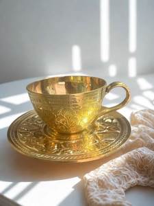 Luxurious Brass <b>Cup</b> and <b>Saucer</b> with Antiqued Finish and Rich Golden Tones for Special Occasions and Gifting - Product Image 3