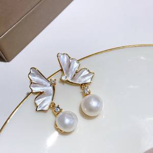 Korean Version 7-8mm Natural Freshwater <b>Pearl</b> <b>Dangle</b> <b>Earrings</b> for Women Versatile Enamel Glaze Butterfly Design - Product Image 2