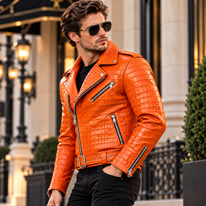 Premium Mens Orange for Pattern Leather Motorcycle Biker Jacket Breathable Winter <b>Belted</b> <b>Slim</b> Fit Zipper Closure - Product Image 2