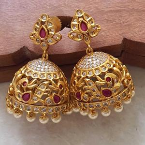 Ruby Stone Studded Peacock Jhumki Drop Earrings in 24K Gold Plated Pearl - Product Image 2