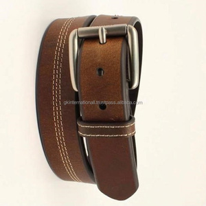 Cinturón informal marrón de cuero genuino de primera calidad para hombre para jeans con costuras de triple contraste y hebilla de rodillo de latón plateado antiguo sólido - Product Image 3