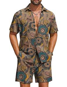 mens brown teal abstract floral mandala print <b>short</b> <b>sleeve</b> lapel <b>button</b> <b>up</b> <b>shirt</b> matching <b>shorts</b> 2 piece set casual hawaiian - Product Image 6