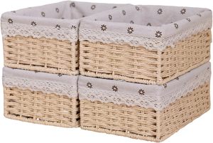 Vintage Paper Rope <b>Storage</b> <b>Baskets</b> Small <b>Rectangular</b> <b>Baskets</b> with Fabric Lining and Lace Trim for Home Bedroom Bathroom - Product Image 3