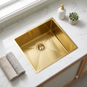 Évier de cuisine carré en laiton doré avec drain inférieur à rainure en X, vasque simple à encastrer sous plan, évier de préparation de bar en laiton brossé de luxe - Product Image 3