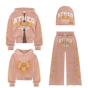 2026 Unisex Fashionable Custom Rhinestone Hoodie Oversized Cropped Acid Wash Zip up Distressed Vintage Sweatpants and Hoodie <b>Set</b> - Product Image 4