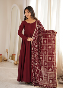 Pure Roman Silk Chanderi Flared Anarkali Gown <b>Pants</b> Embroidery Sequence Dupatta Set Churidar Sleeve Party Wear Suit (PY 313) - Product Image 1
