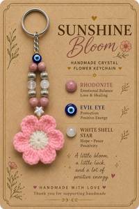 Crochet Flower Crystal Keychain Agate Gemstone <b>Keyring</b> Reiki Evil Eye Protection <b>Charm</b> Handmade Bag Accessory Gift - Product Image 6
