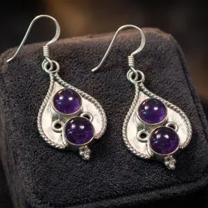925 Sterling Silver Purple Amethyst Handcrafted Gemstone <b>Earrings</b> Ethnic Indian Design <b>Earrings</b> - Product Image 4