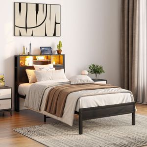 <b>Twin</b> Size Metal <b>Bed</b> <b>Frame</b> with Storage Headboard Charging Station & Bookcase No Box Spring Needed - Product Image 1