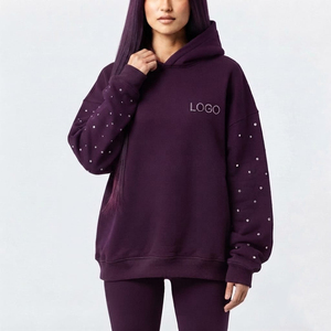 Sweat à capuche oversize pour femme, à épaules tombantes, manches longues, couleur unie, logo personnalisé en strass sur le devant, en molleton de coton - Product Image 5