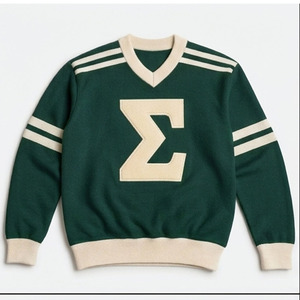 Pull en maille vert à col en V pour homme avec applique Sigma blanche, coupe classique, décontracté, pour l'automne, style grec rayé - Product Image 3
