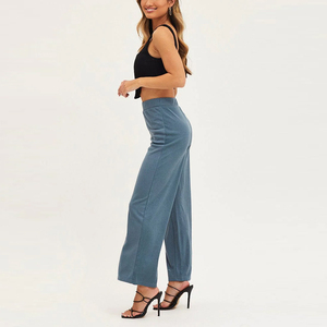 Women's High <b>Waist</b> Wide Leg Pants Solid Color <b>Elastic</b> <b>Waist</b> Loose Fit Full Length Knitted Cotton Spandex Summer Casual Pants - Product Image 3