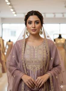 Designer Festive Wear <b>Silk</b> <b>Kurta</b> Sharara Set with Heavy Embroidery Work - Product Image 3