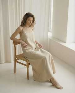 Women's 100% Linen V-neck Sweet Natural Waist Maxi Dress <b>Spaghetti</b> <b>Strap</b> Backless Regular Fit A-Line Summer Minimalist Casual - Product Image 2