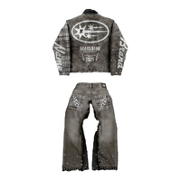 Conjunto de Jeans de Mezclilla Gruesos para Hombre, Efecto Desgastado, Estilo Vintage, Bordado, Técnica de Impresión con Pedrería