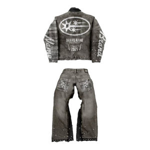 Conjunto de Jeans de Mezclilla Gruesos para Hombre, Efecto Desgastado, Estilo Vintage, Bordado, Técnica de Impresión con Pedrería - Product Image 2