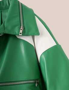 Veste décontractée pour homme en cuir véritable vert respirant, avec blocs de couleur, col rabattable, fermeture éclair, longueur et manches standard - Product Image 4