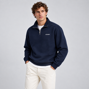 FZWIN <b>Men's</b> Navy <b>Blue</b> Quarter Zip Sweatshirt Regular Fit Solid Color Casual Stand Collar French Terry Knitted Breathable Autumn - Product Image 3