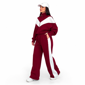 <b>Women's</b> Maroon <b>White</b> Color Block Printed 2-in-1 Tracksuit Set Full Sleeve Turtleneck Zipper Sporty Loose Fit <b>Joggers</b> Front Side - Product Image 1