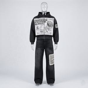 Custom Heavyweight <b>Retro</b> Acid Wash Rhinestone <b>Tracksuit</b> Men Streetwear Vintage Graphic Print Applique Patch Hoodie Set Jogger - Product Image 1