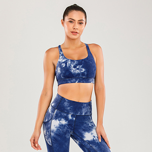 Ensemble de sport tie-dye pour femme : soutien-gorge de sport et leggings taille haute, respirant, dos nageur, col rond, avec poches, imprimé bleu, pour le yoga et l'entraînement - Product Image 5