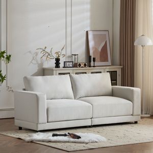 Divano Moderno Bianco con Braccioli Squadrati, Rivestimento in Tessuto Morbido e Cuscini Profondi, Gambe in Legno Robuste per Camera da Letto e Soggiorno - Product Image 4