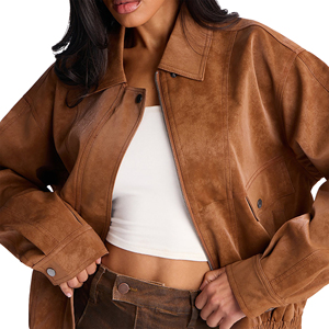 Women Genuine Leather <b>Western</b> Style <b>Jacket</b> Classic Slim Fit Zip-Up Black Plain Dyed Linen/Silk Customized Logo Factory Price - Product Image 4
