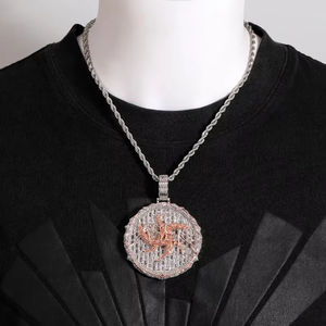 Iced Out Round Flame Pendant Silver and Rose Gold Tone Hip Hop Jewellery for Men and Women - Product Image 1